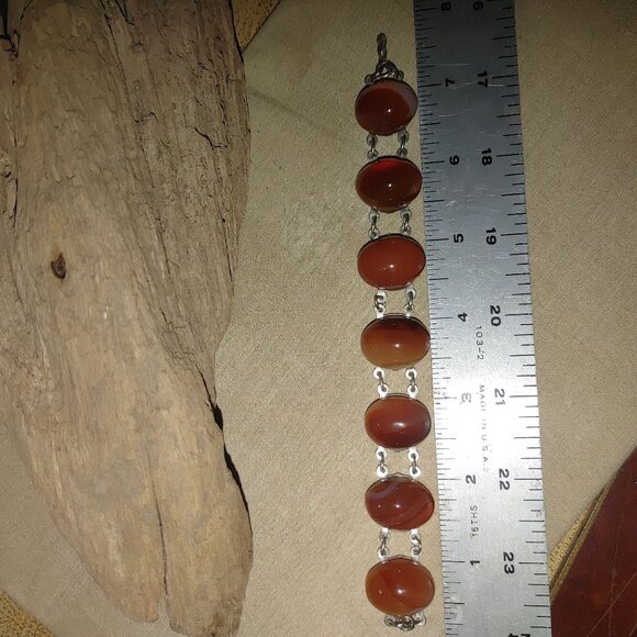Silvertone Carnelian Agate looking Amber Link Bracelet Oval Cabochons Vintage - Picture 8 of 12